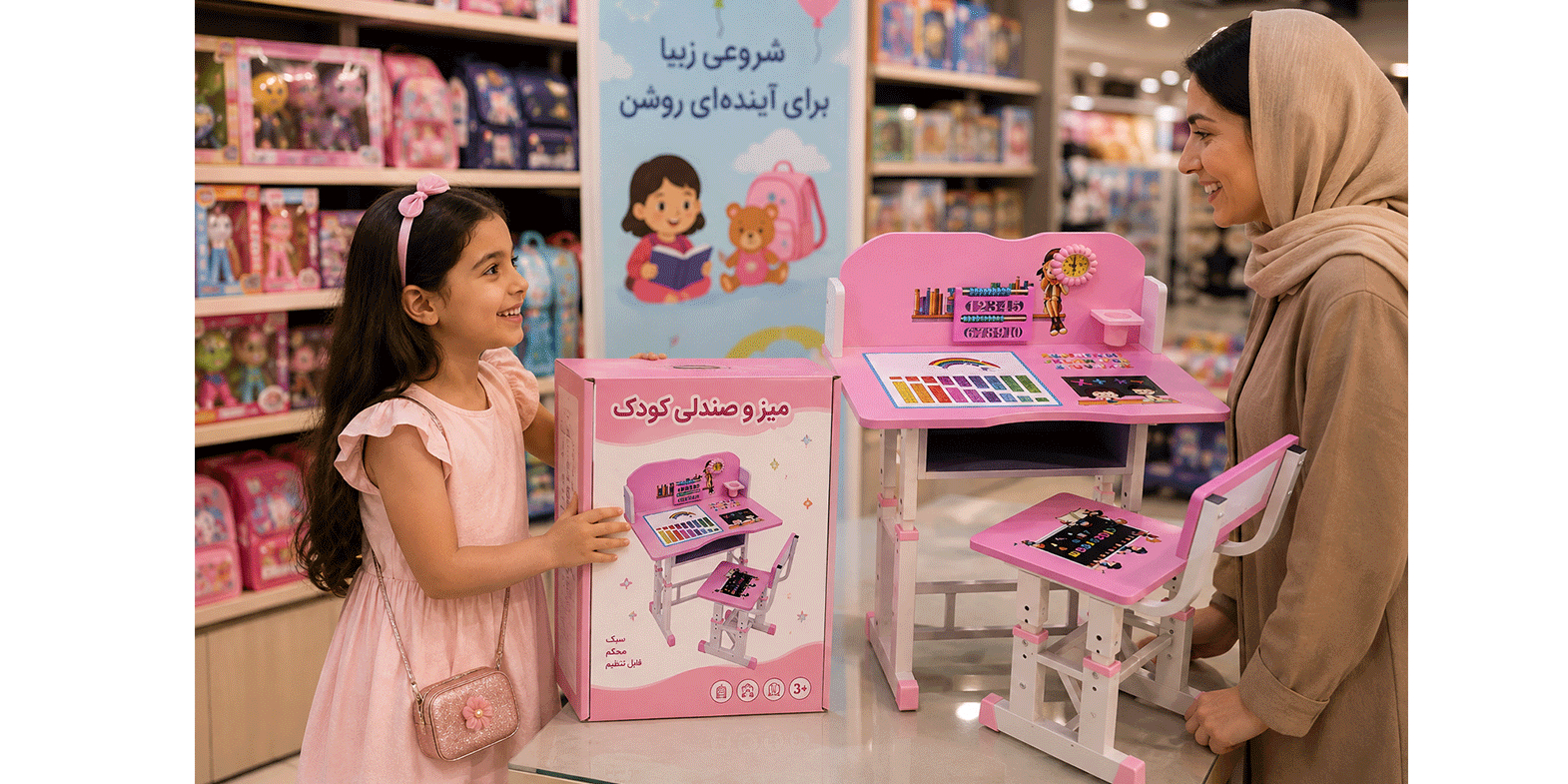 ميز و صندلی كودک بزرگ با کتابخانه و قابل تنظیم ارتفاع